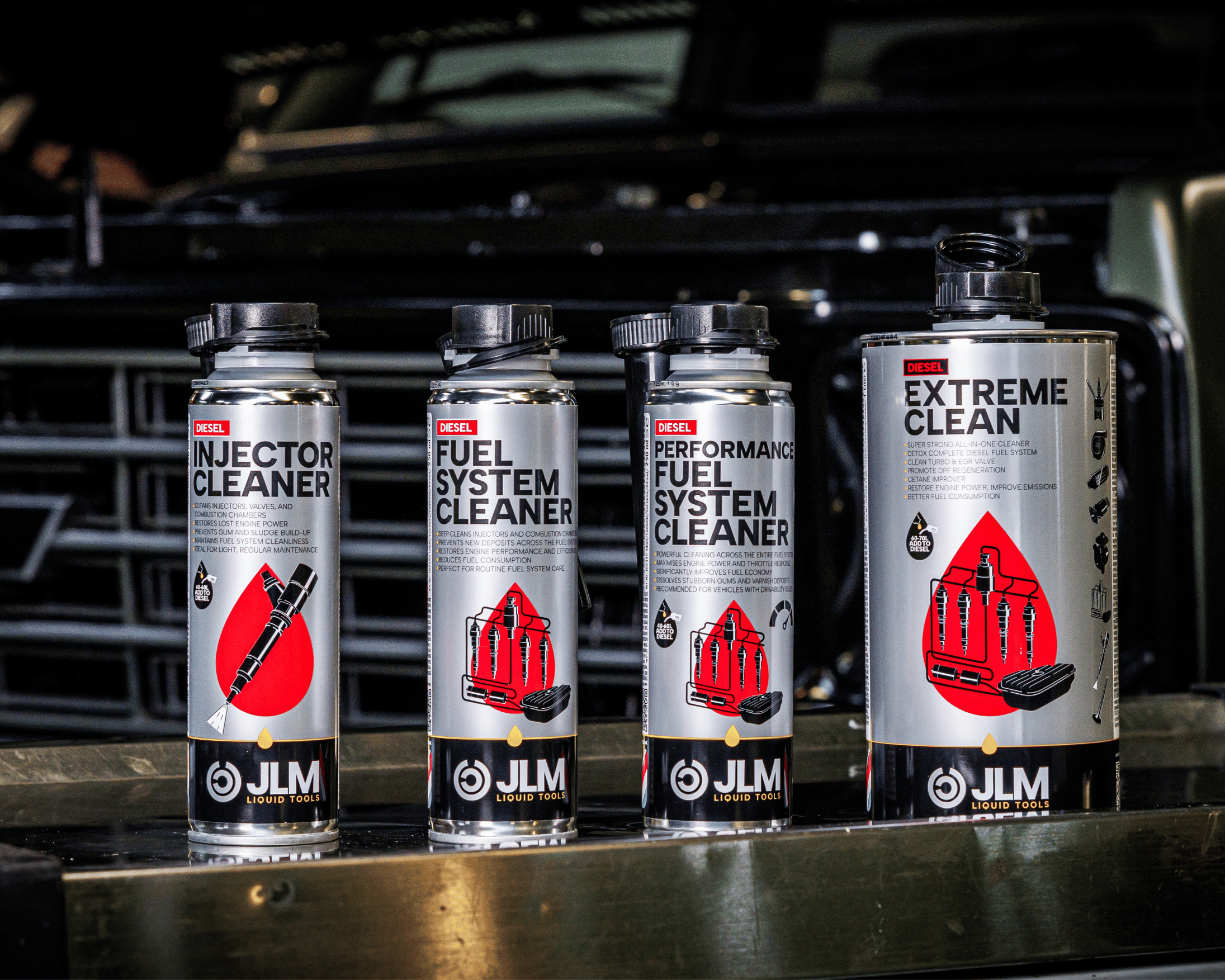 Four additives. One mission: get your diesel breathing, burning and performing the way it left the factory. Pour the right JLM Fuel System Cleaner into a full tank of diesel — that's it.JLM's Diesel Fuel System Cleaner products clean injectors, the turbo and the entire fuel system — in one simple tank top-up. No garage visit, no tools, no downtime.